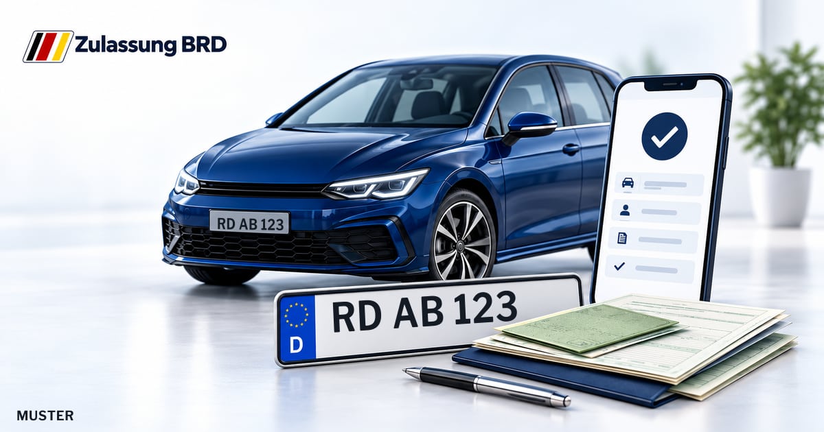 Online Fahrzeugzulassung in Landkreis Rendsburg-Eckernförde: Musterkennzeichen RD AB 123, Auto und Fahrzeugpapiere und Smartphone. Illustration mit Logo von Zulassung BRD.